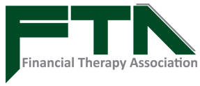 A green and white logo for the financial therapy association.